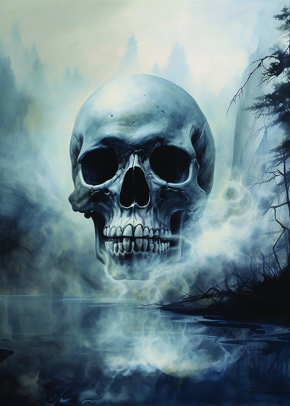 A dark, atmospheric painting of a human skull emerging from mist in a foggy forest setting.