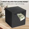 A black stainless steel piggy bank box filled with US dollar bills