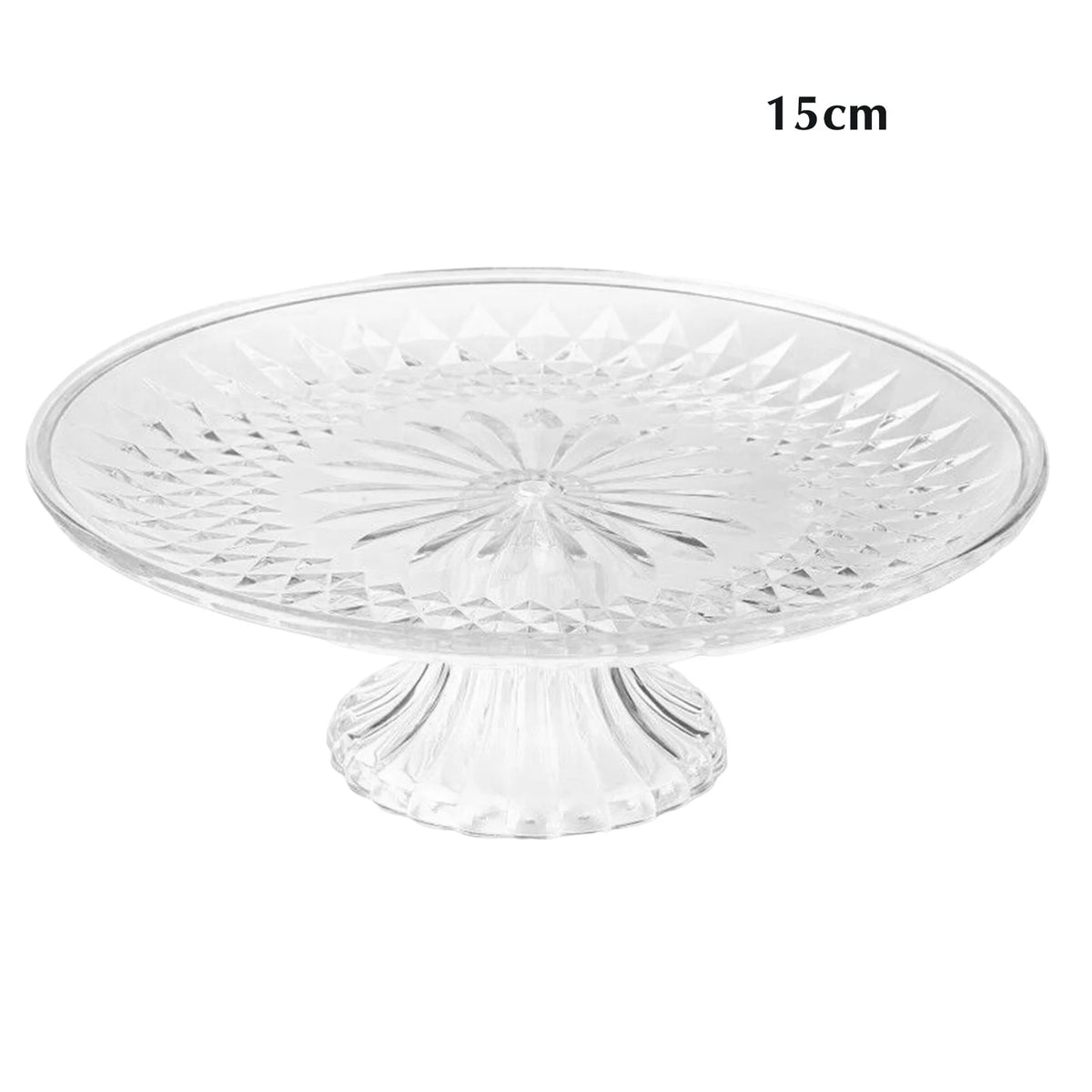 Clear acrylic serving plate with a decorative pattern and pedestal base, measuring 15cm.