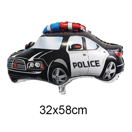 A black and white construction truck foil balloon decorated with a police light on the roof.