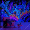 A vibrant tapestry featuring glowing geometric patterns in shades of blue, purple, and pink against a dark background.