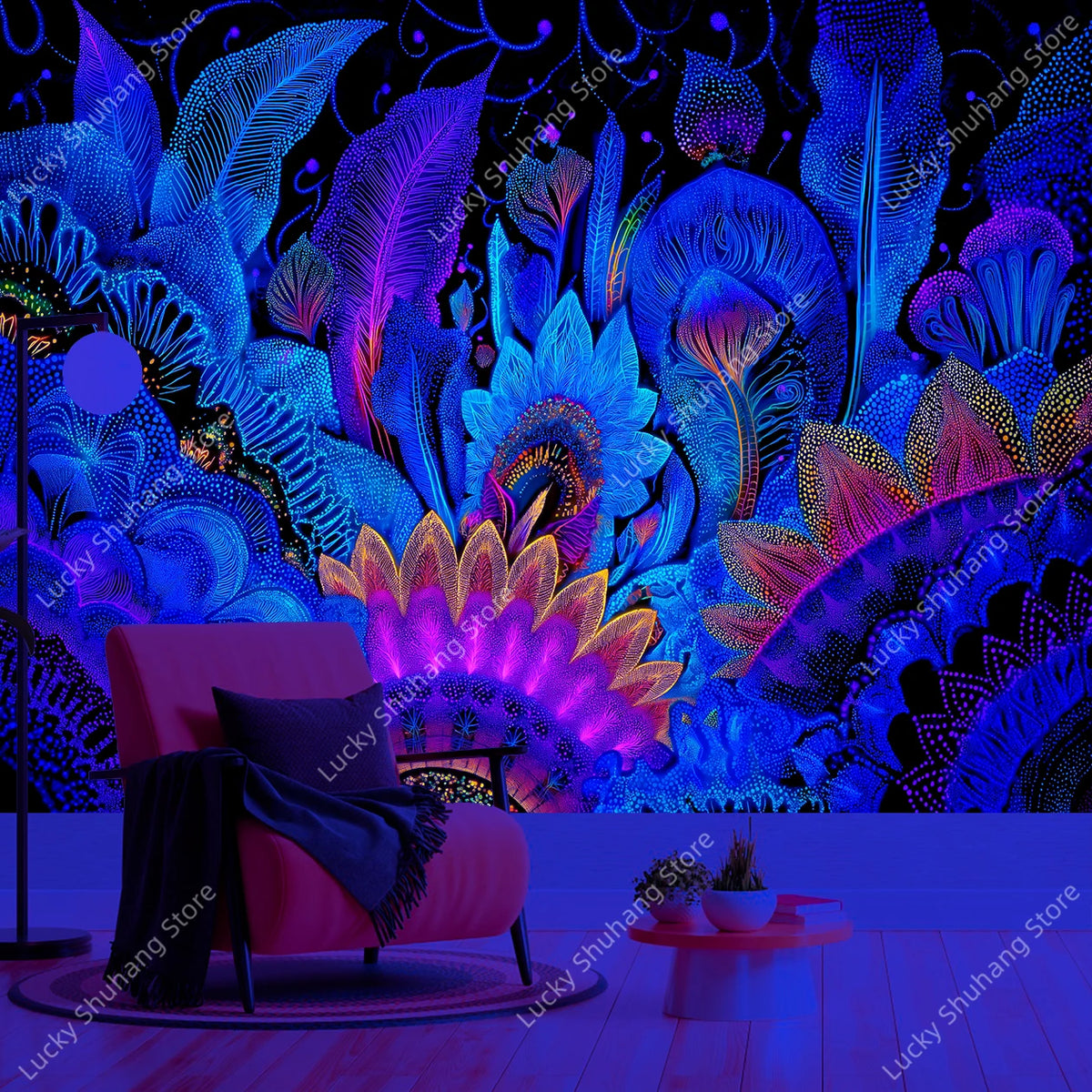 A vibrant tapestry featuring glowing geometric patterns in shades of blue, purple, and pink against a dark background.