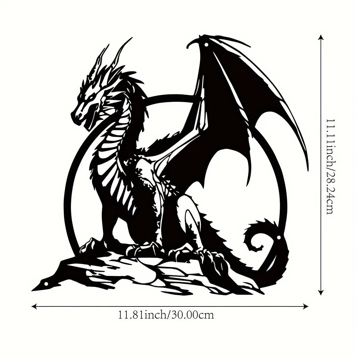 Black decorative metal dragon wall sculpture with wings standing on a rock base.