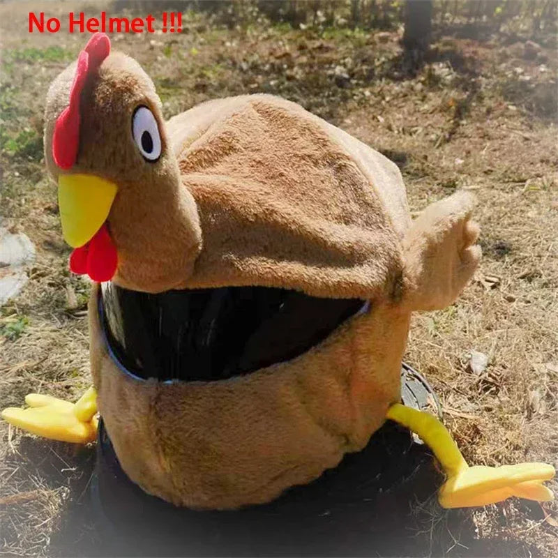 A brown cartoon plush toy resembling a chicken wearing a helmet cover