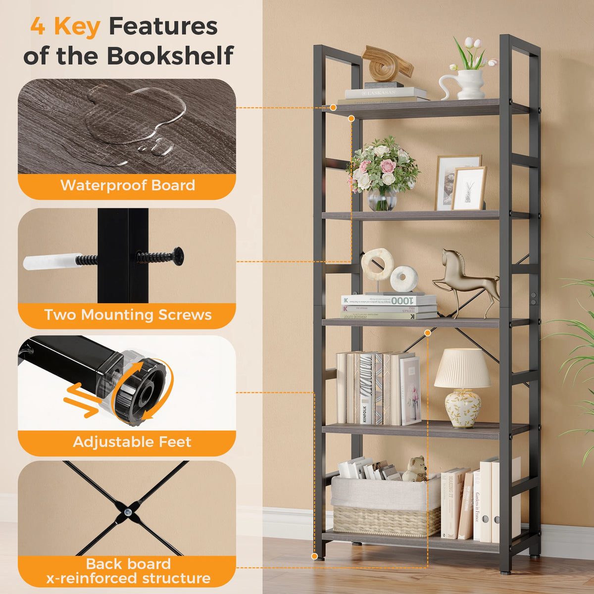 A dark metal bookshelf with four key features shown: waterproof board, mounting screws, adjustable feet, and an x-reinforced 
