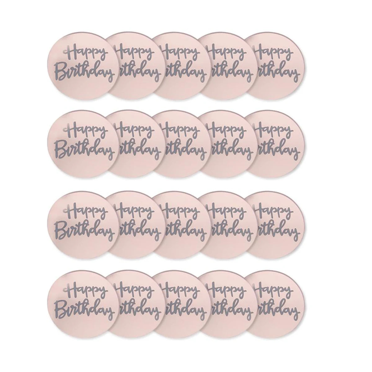 A set of thirty mirror acrylic happy birthday cake toppers in a light pink color.