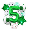 A collection of green and silver foil balloons shaped like the number five and a soccer ball for birthday decorations