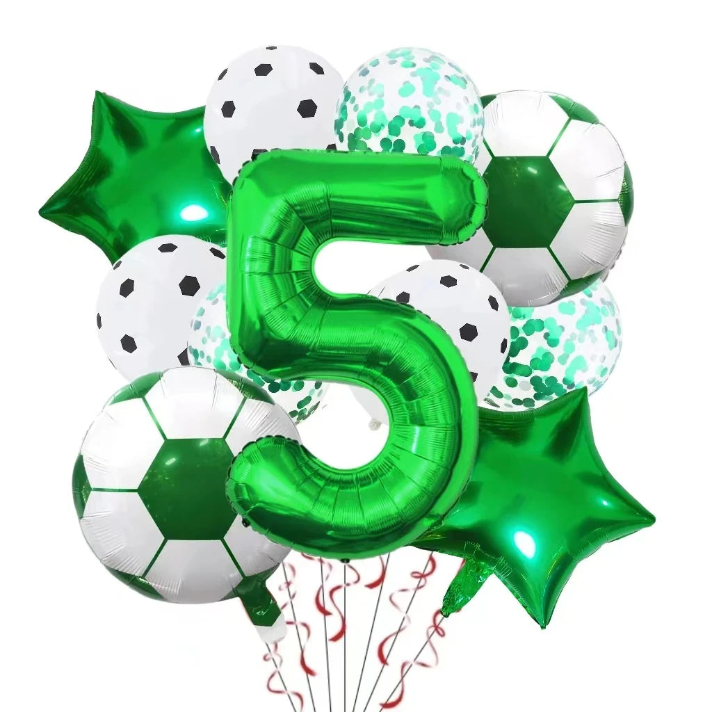 A collection of green and silver foil balloons shaped like the number five and a soccer ball for birthday decorations