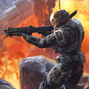 A highly detailed illustration of Master Chief from Halo, wearing armor and holding a rifle, set against an intense orange an