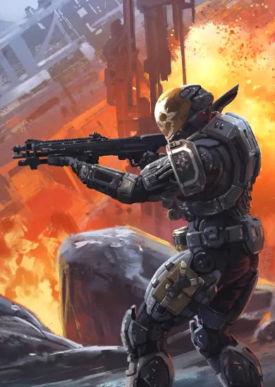 A highly detailed illustration of Master Chief from Halo, wearing armor and holding a rifle, set against an intense orange an