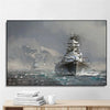 Canvas wall art depicting a battleship emerging from rough seas under a misty sky.