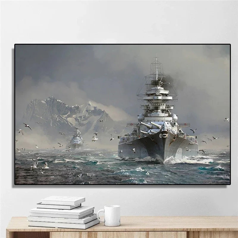 Canvas wall art depicting a battleship emerging from rough seas under a misty sky.