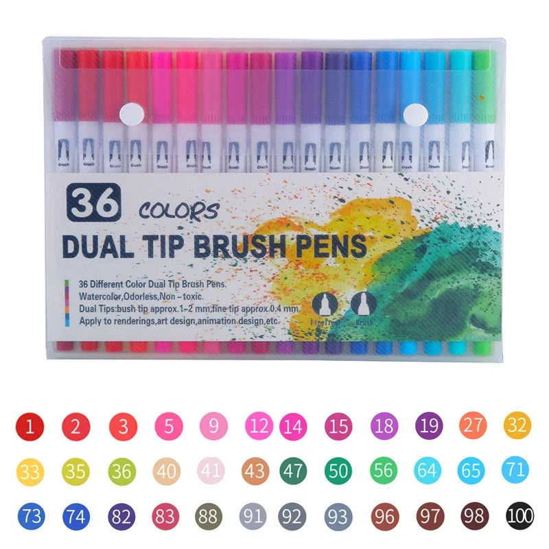 A set of 36 dual-tip brush pens in various colors for watercolor art and design