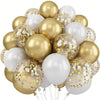 A cluster of pearl and gold confetti balloons in various sizes and shades.