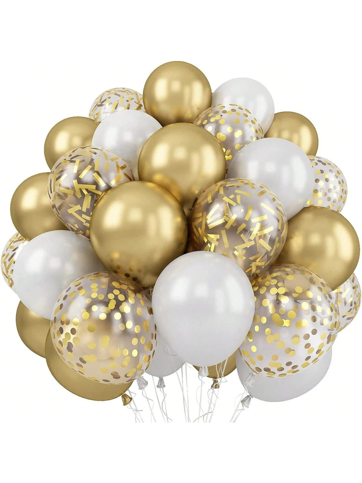 A cluster of pearl and gold confetti balloons in various sizes and shades.