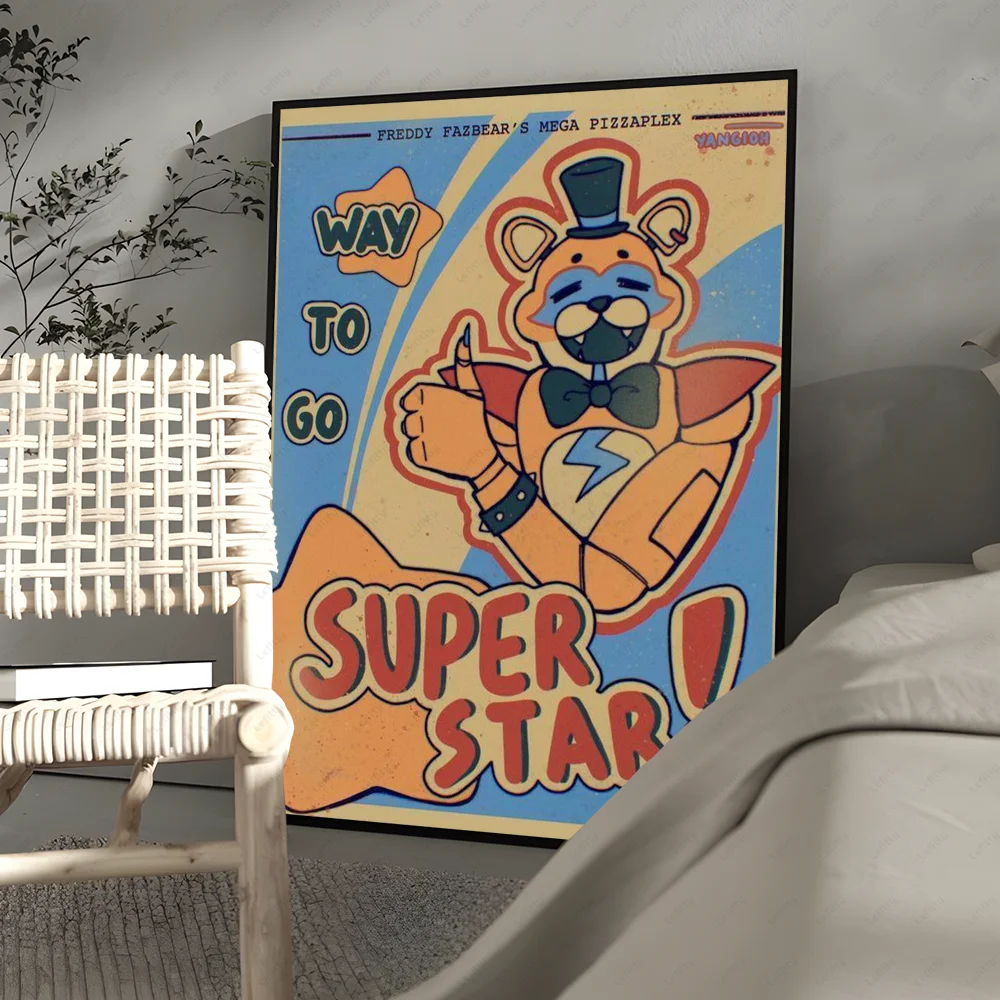 A colorful canvas wall art poster featuring a stylized Freddy Fazbear character with the text Way to Go Super Star