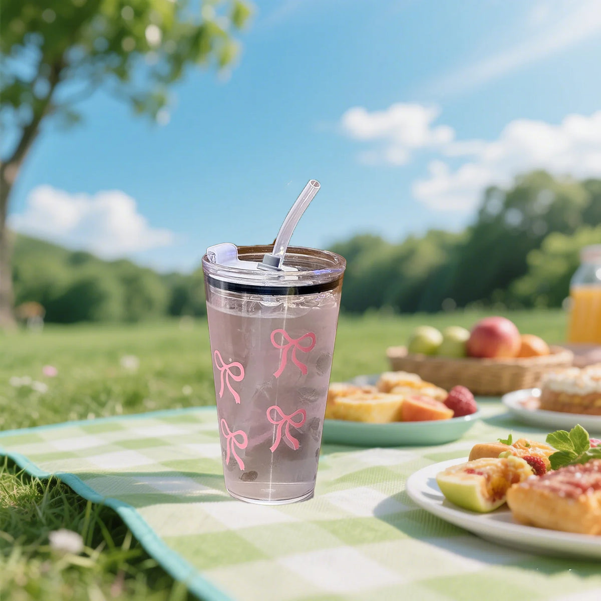 A pink plastic cup with a straw and lid filled with a pink beverage sits on a green checkered mat outdoors.