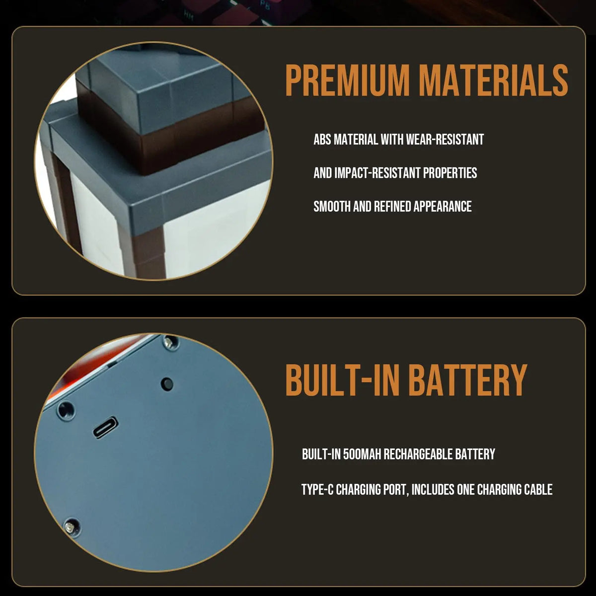 Product features premium materials and a built-in 500mAh rechargeable battery with a Type-C charging port.