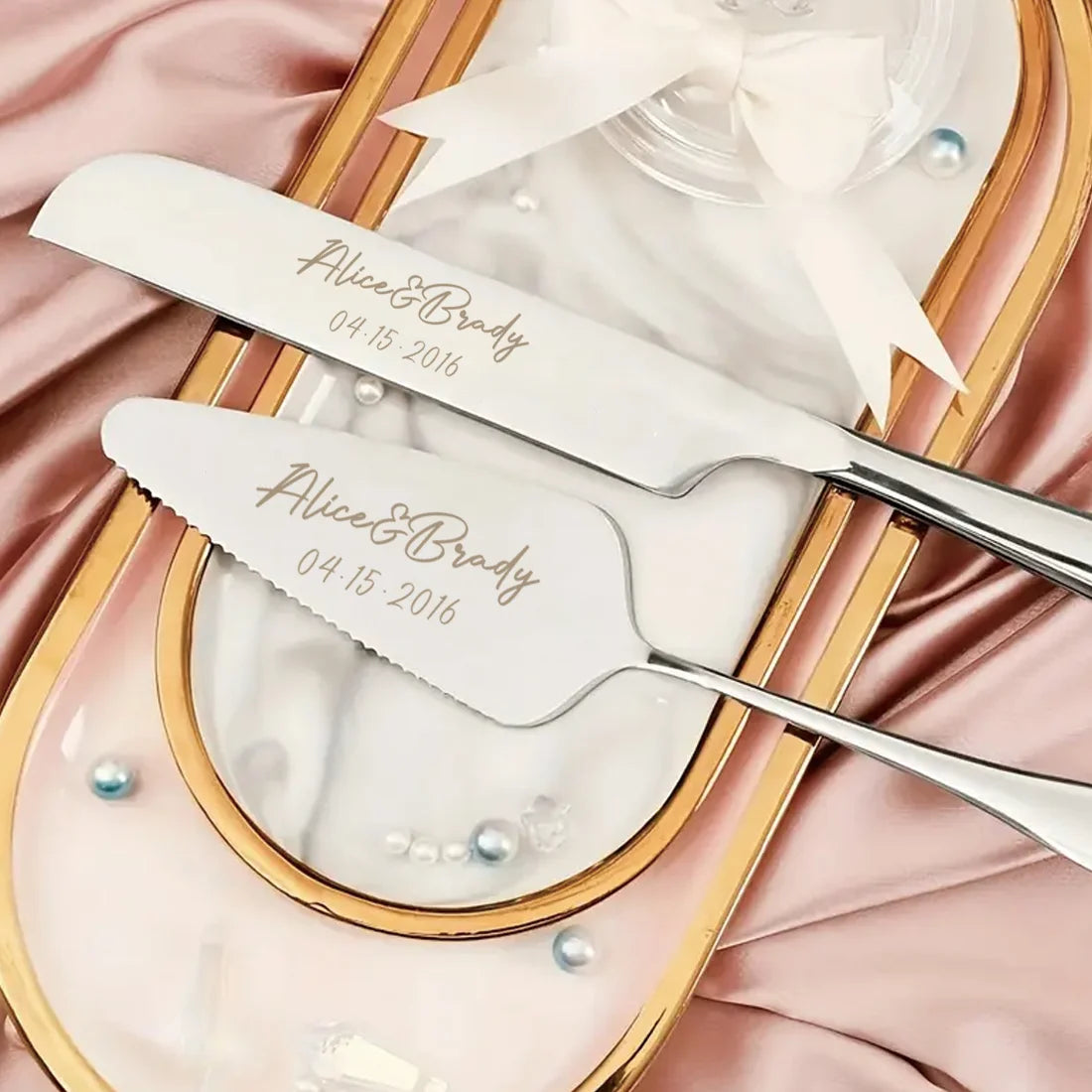 Personalized Engraved Stainless Steel Cake Knife and Server Set