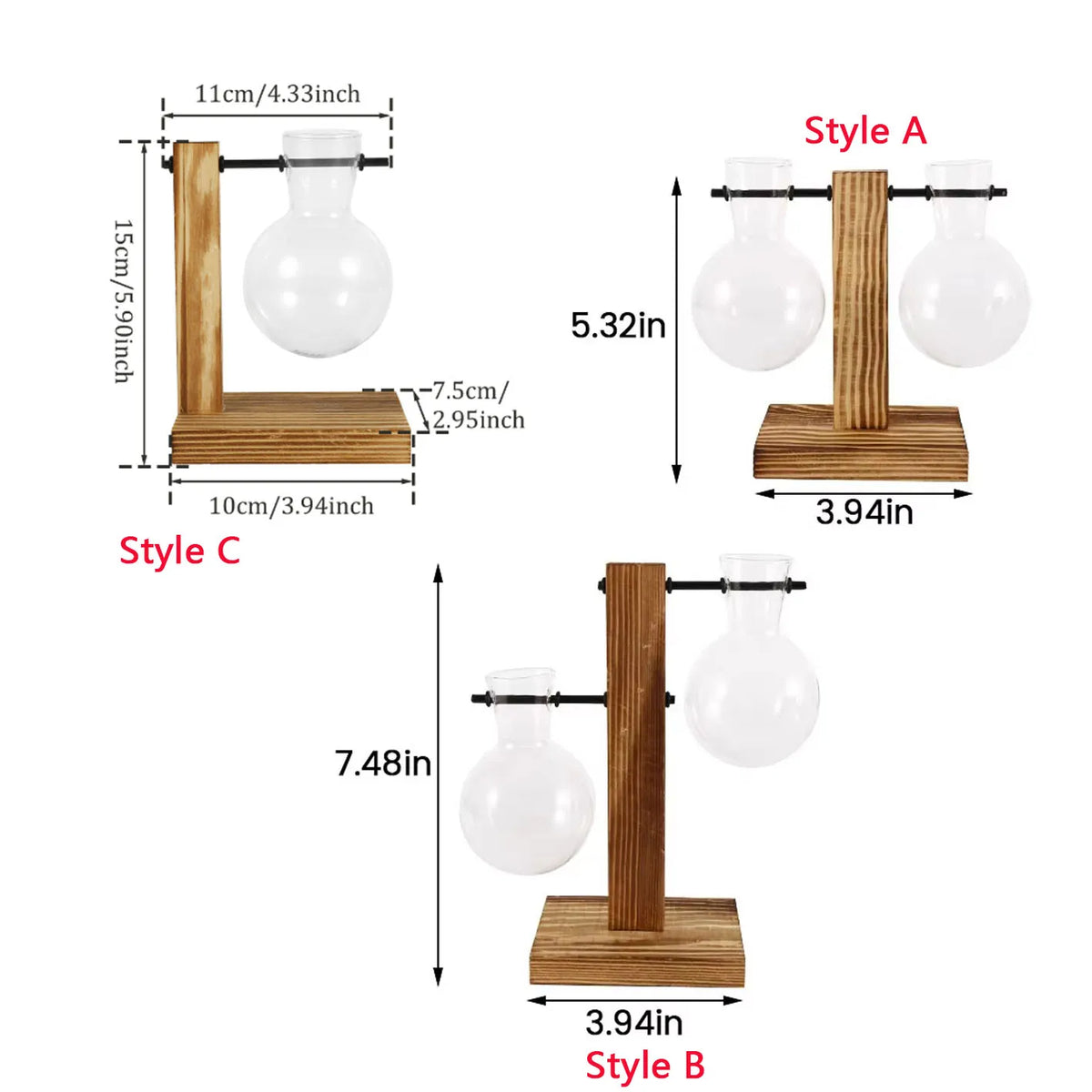 Trois styles de jardinières modernes avec des ampoules en verre montées sur des supports en bois : Style A, Style C et Style 