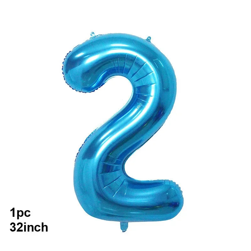 A single, bright blue foil balloon shaped like the number 2, measuring 32 inches.