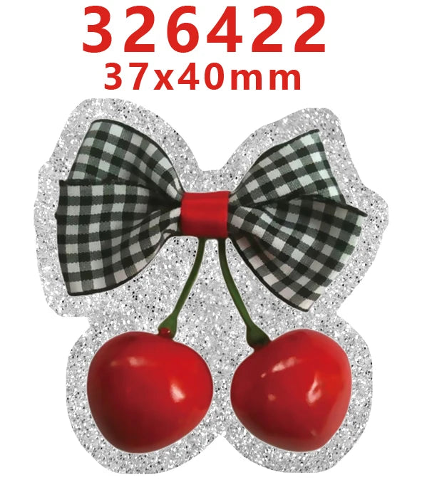 Silver glitter Christmas acrylic charms shaped like cherries with a black and white gingham bow detail