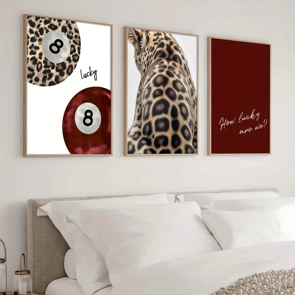 Set of 3 Leopard Print Lucky Quote Canvas Wall Art