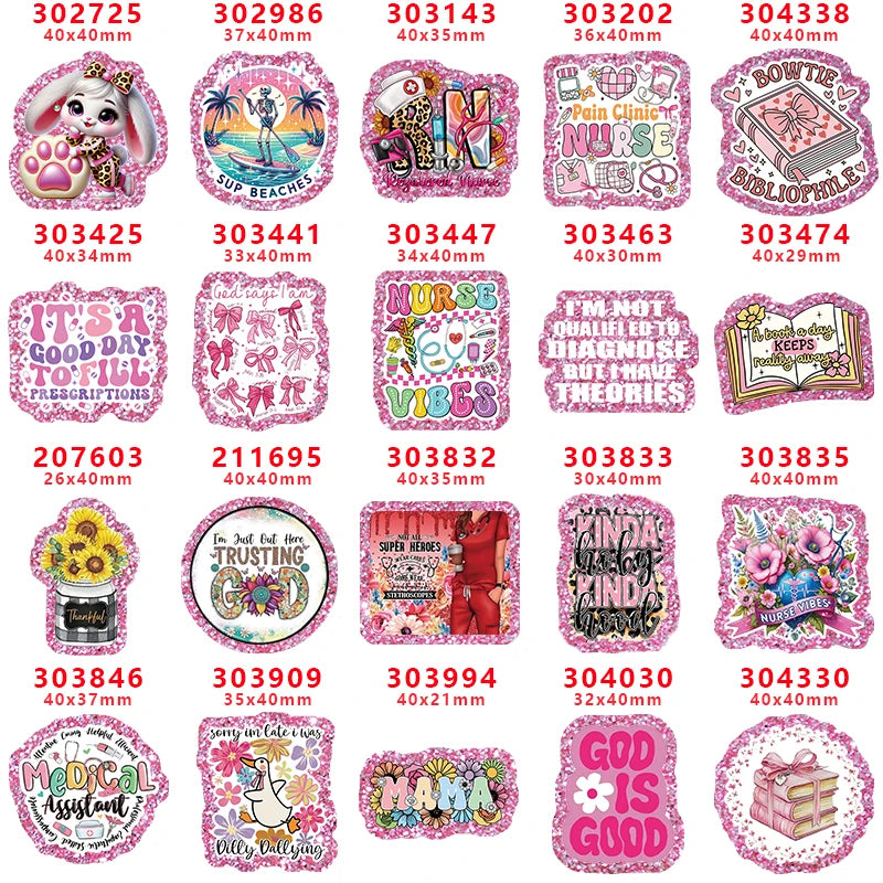 A collection of pink glitter acrylic charms featuring various nurse and medical themes for DIY crafts.
