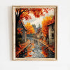 Oil painting of an autumn street lined with trees displaying vibrant red and orange foliage.