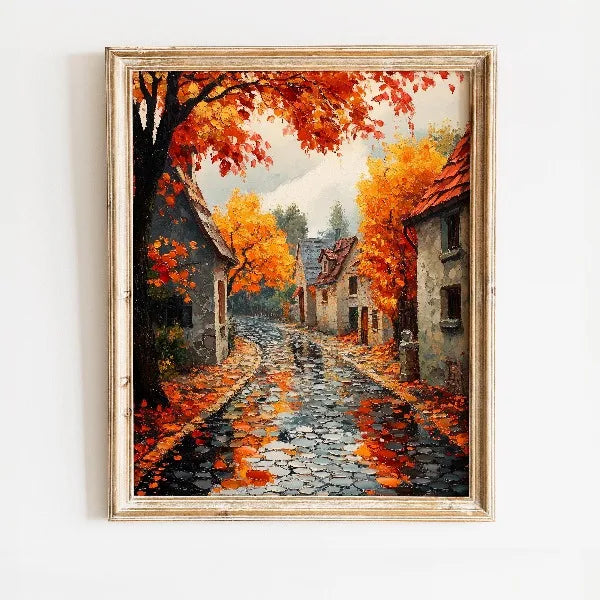Oil painting of an autumn street lined with trees displaying vibrant red and orange foliage.