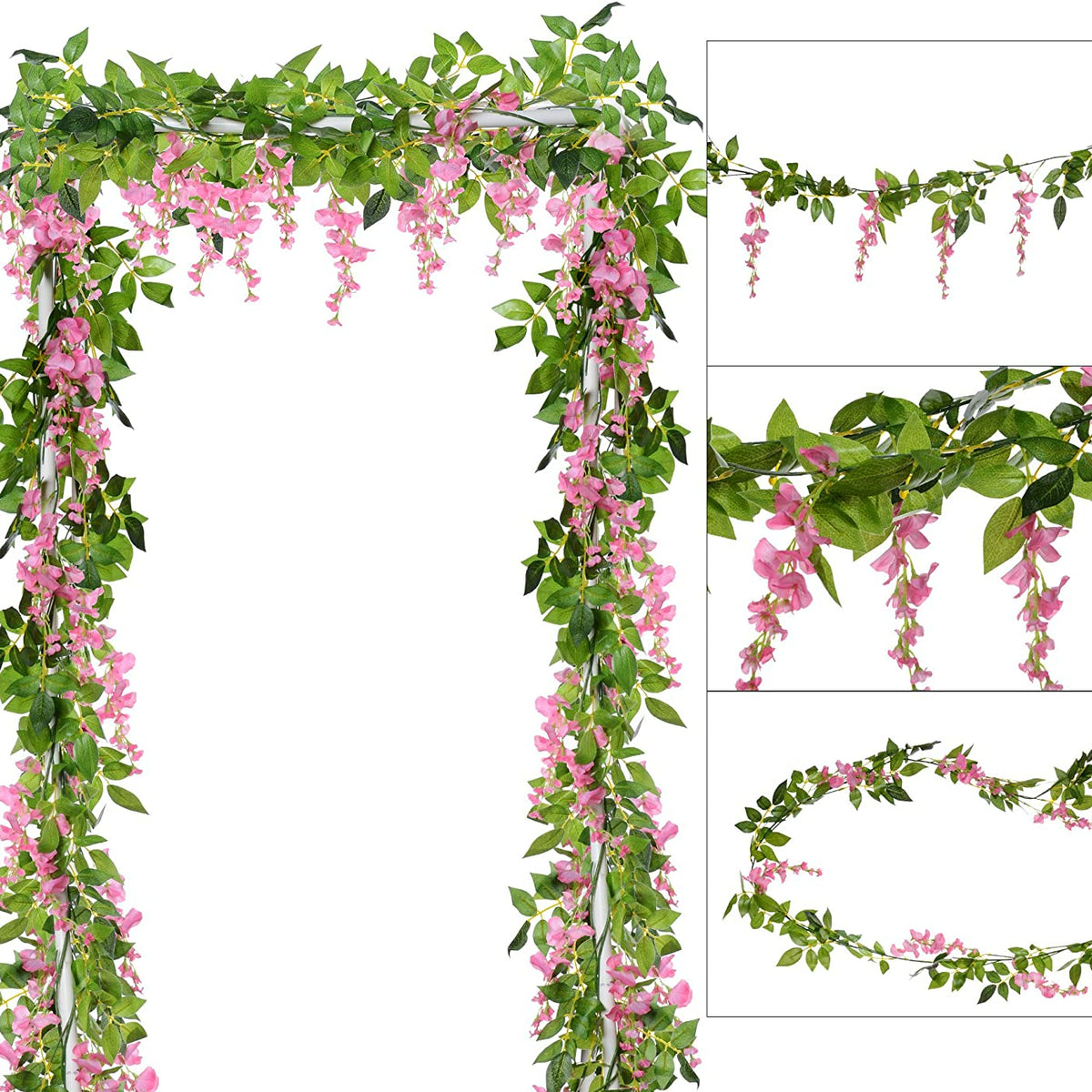 Green silk wisteria vine garland with pink flowers used for wedding and home decor