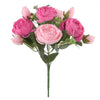 Ein Strauß künstlicher Seidenrosen und Pfingstrosen in Rosa- und Magentatönen.