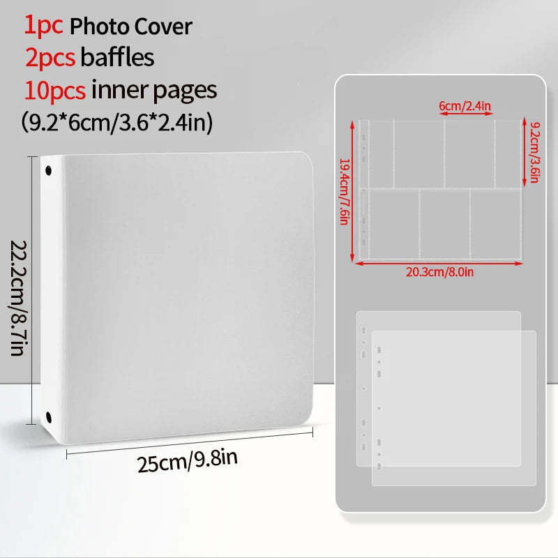A white photo card binder with a cover, baffles, and inner pages shown next to the product details.