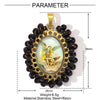 A gold-toned pendant featuring a clear oval resin with a depiction of an angel, surrounded by dark brown beads and attached t