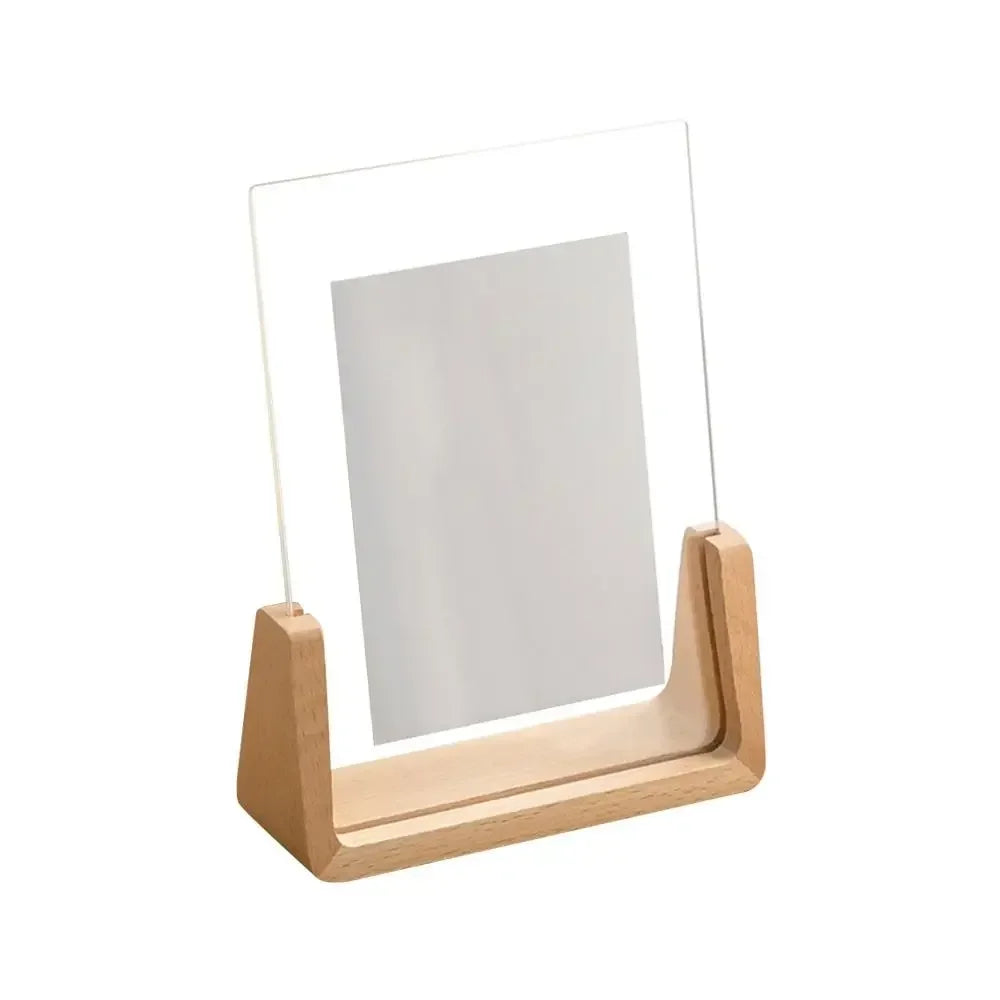 A walnut wood and acrylic photo frame designed for desktop display.