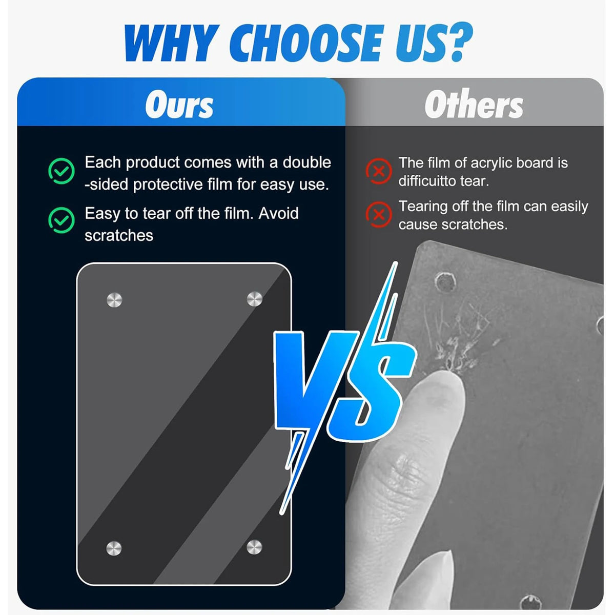 Comparison graphic showing features of a clear acrylic magnetic photo frame versus other options.