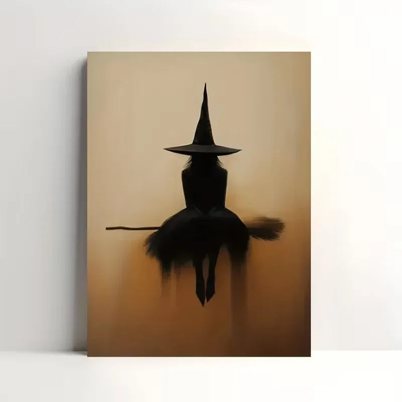 Minimalist witch silhouette wall art featuring a black witch figure with a pointed hat and broomstick on a warm beige backgro