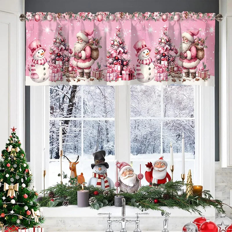 Festive Christmas valence curtains featuring pink and white holiday designs and greenery.