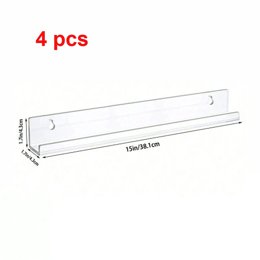 Four clear acrylic floating record shelves measuring 15 inches long and 1.77 inches deep.