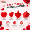 Red reusable heart surprise box with a lid, showing steps for opening and closing the product.