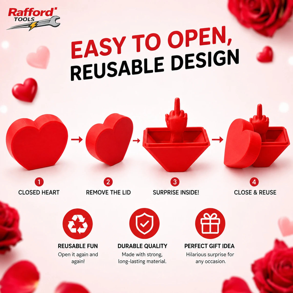 Red reusable heart surprise box with a lid, showing steps for opening and closing the product.