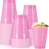 A stack of pink disposable party cups is shown in a vertical arrangement.