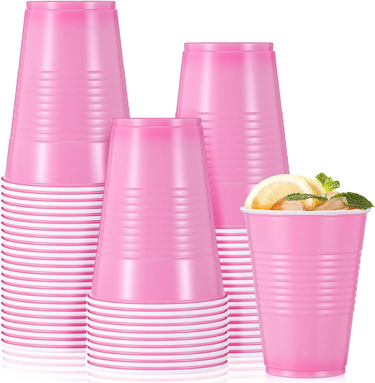 A stack of pink disposable party cups is shown in a vertical arrangement.