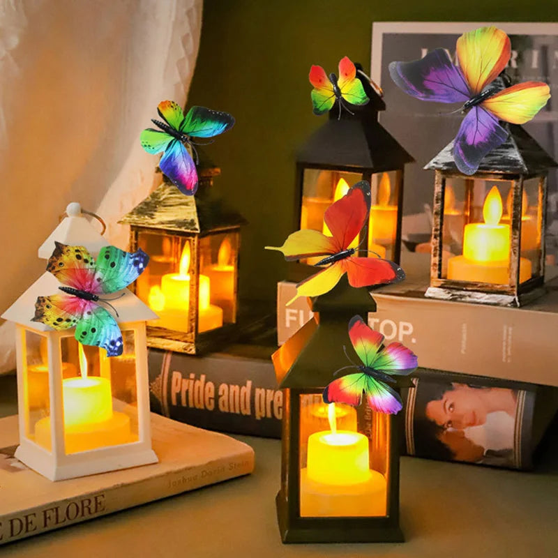 A set of twelve colorful 3D butterfly wall stickers displayed in glass lanterns with lit candles.