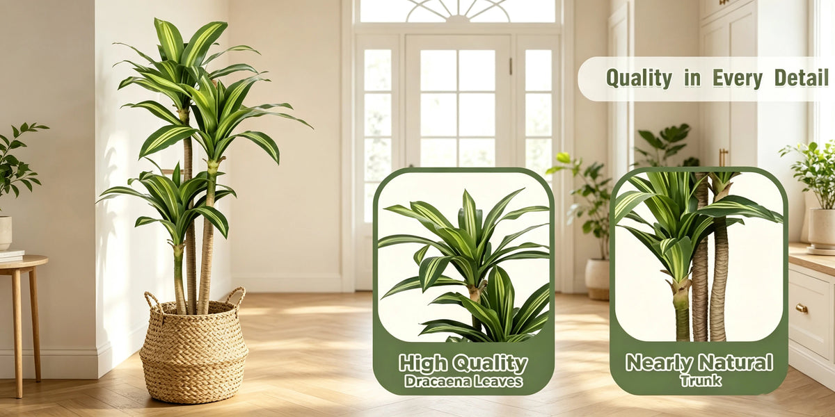 Artificial Dracaena tree showing high quality leaves and nearly natural trunk texture.