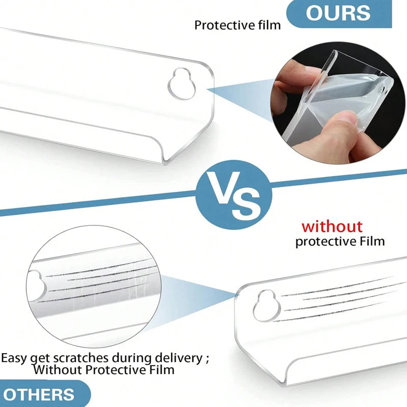 Comparison showing a protective film product versus a version without a protective film for clear acrylic floating record she
