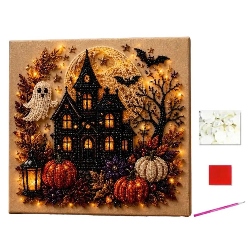 A diamond painting featuring a spooky Halloween scene with a haunted house, pumpkins, and autumn foliage.