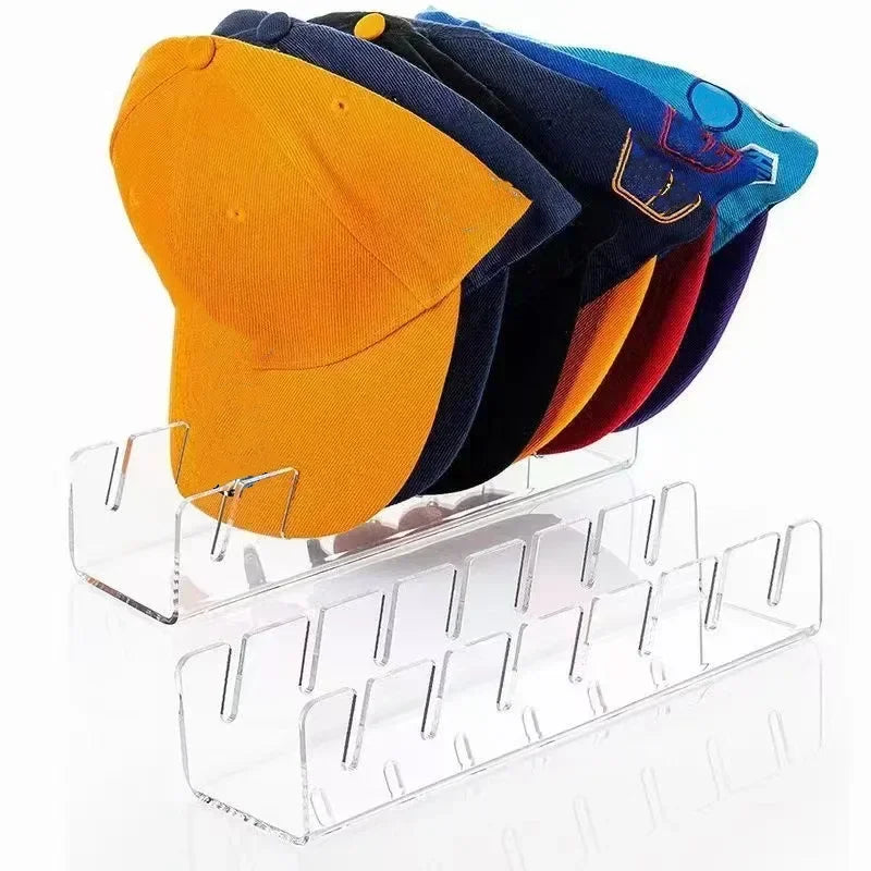 A row of colorful acrylic hats stored in a clear storage rack.