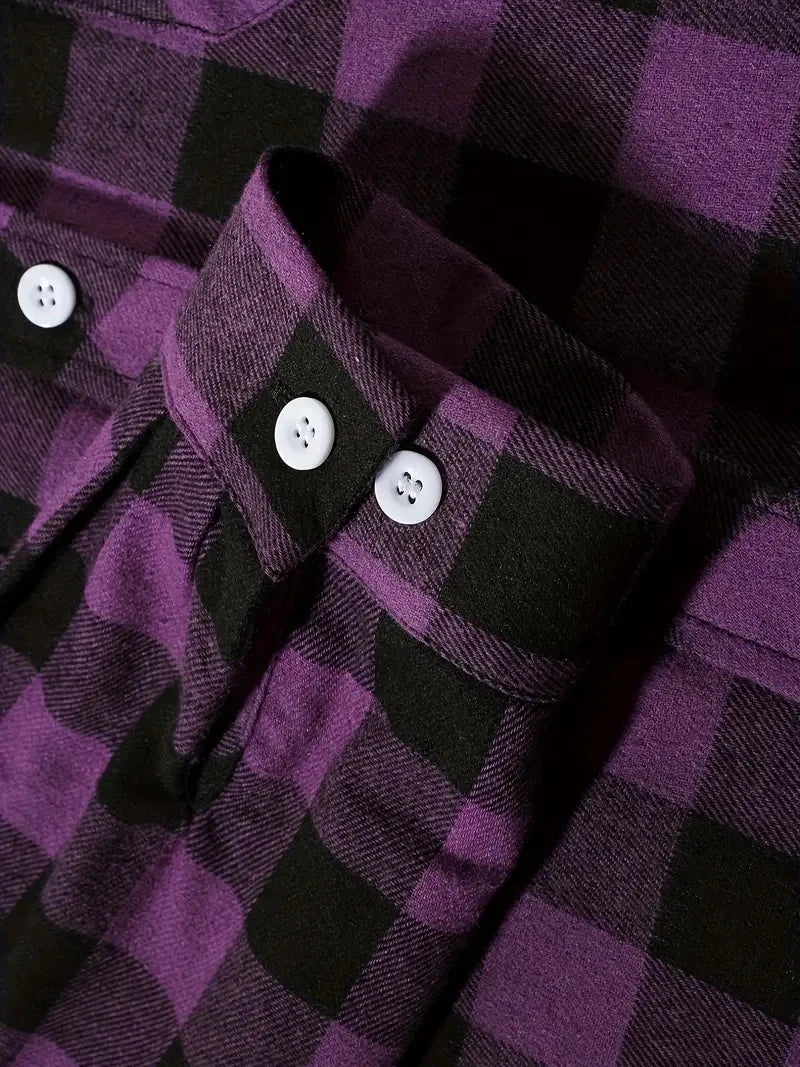 A close-up of a purple and black plaid flannel shirt with white buttons.