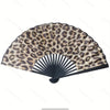 Leopard print folding hand fan with a black frame.